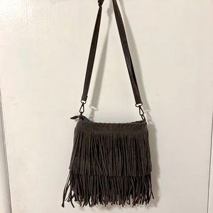 Grey Suede Boho Bag with Fringes